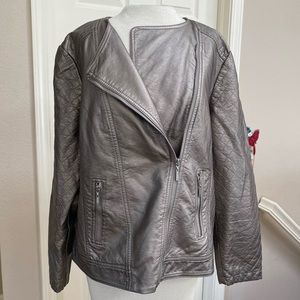 CHICO’S Metallic Silver Faux Leather Moto Jacket 12